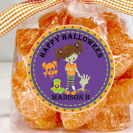 Zombie girl Halloween sticker with cartoon monster and colorful border