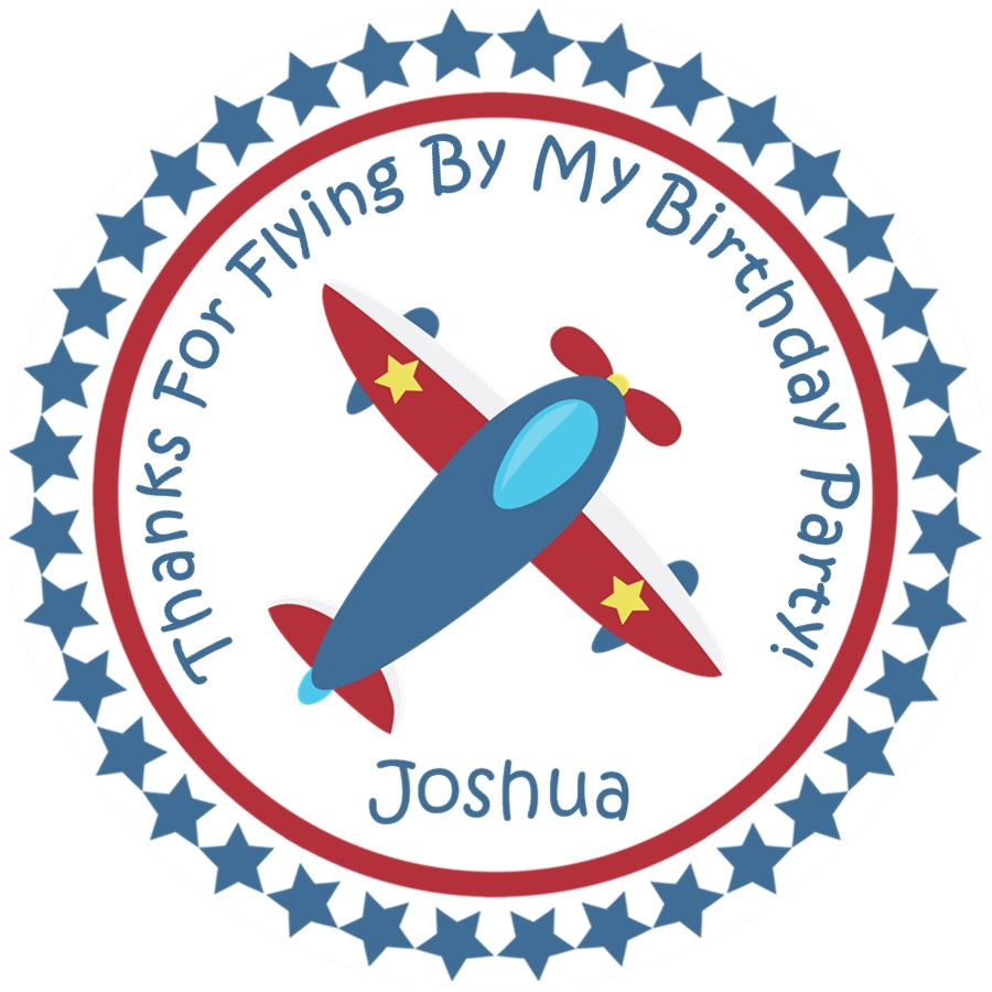airplane birthday sticker with red blue plane and star border