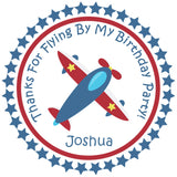 airplane birthday sticker with red blue plane and star border