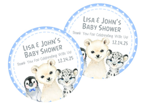 arctic animals baby shower sticker with penguin polar bear and snow leopard