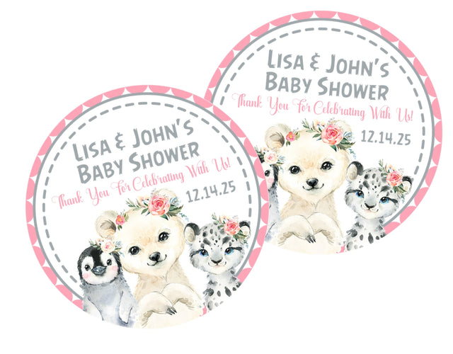 arctic animals baby shower sticker with pink floral accents