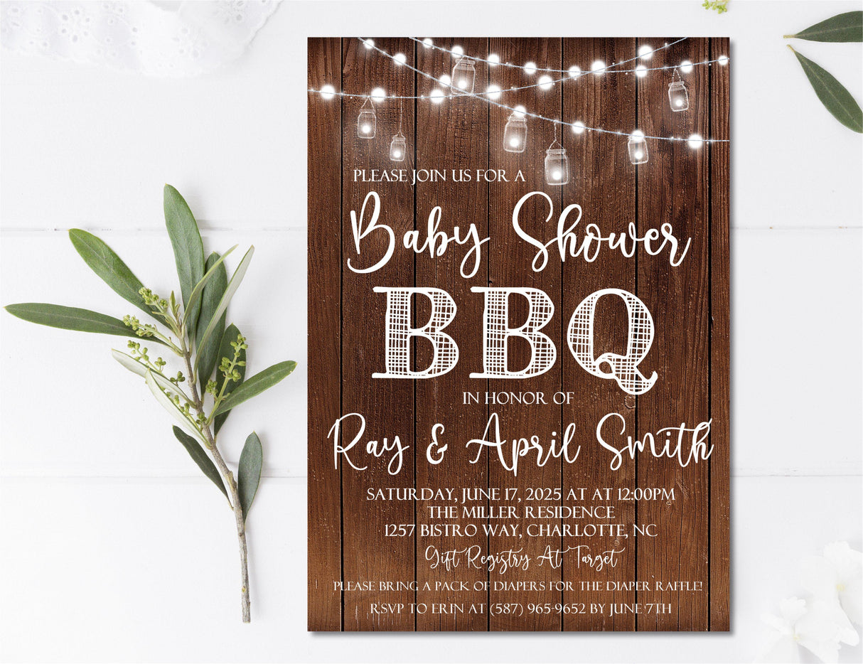 backyard barbecue baby shower invitations string light theme