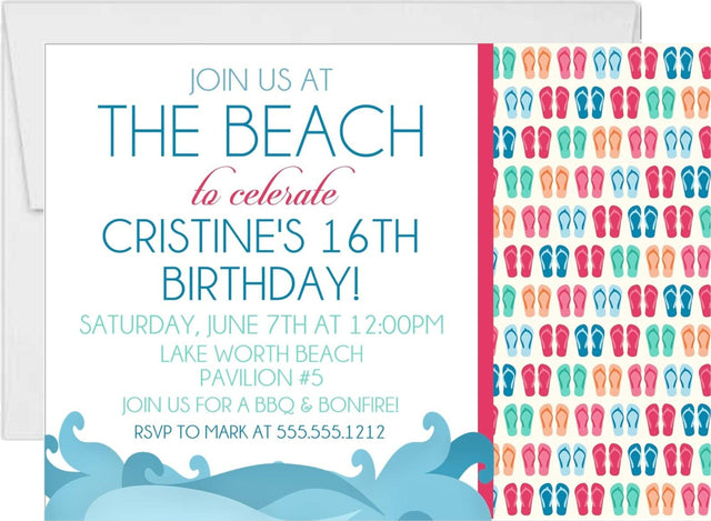 beach birthday party invitations colorful flip flop design