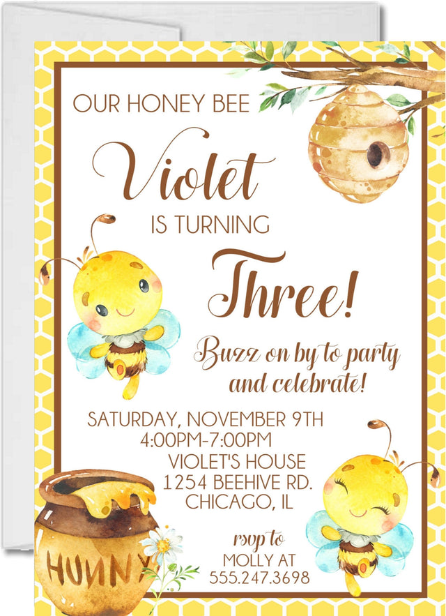 bee 3rd birthday invitations smiling bumble bee design
