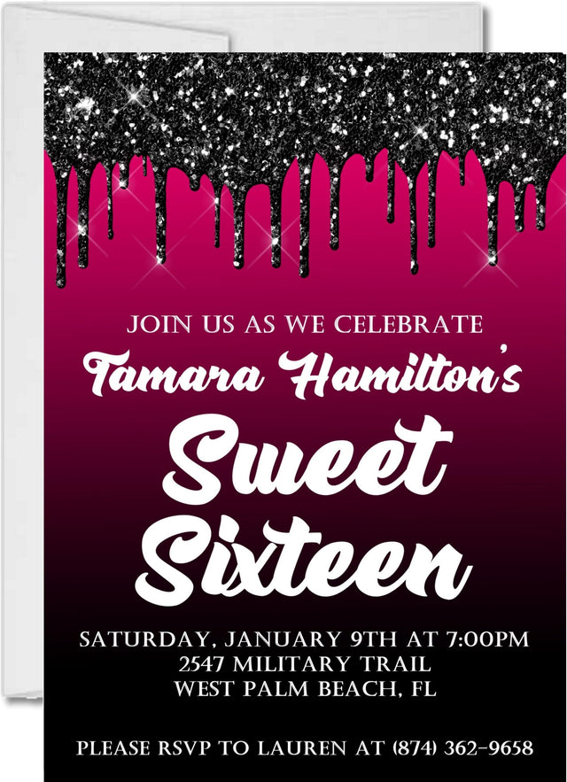 black and pink sweet 16 invitations glitter drip design