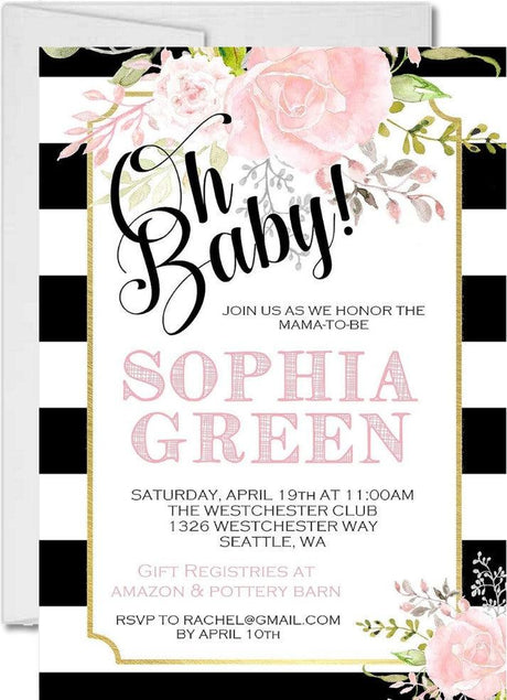 black stripe baby shower invitations blush floral theme