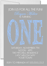 blue 1st birthday party invitations modern one typography design