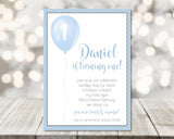 Boys blue first birthday thank you cards watercolor balloon design