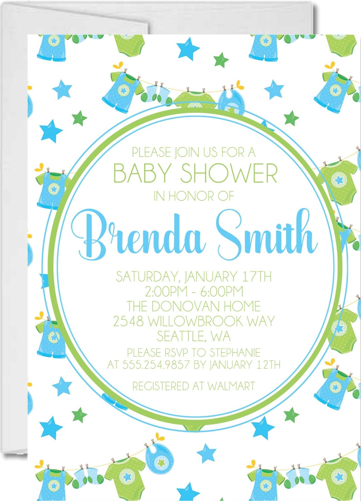 blue baby shower invitations colorful clothesline theme