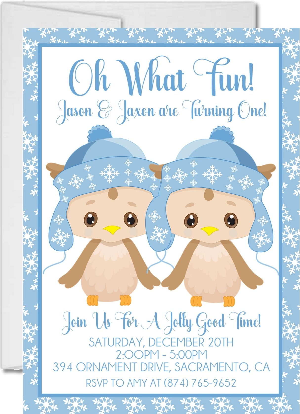 blue boy twins winter snowflake owl 1st birthday party invitation