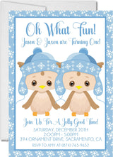 blue boy twins winter snowflake owl 1st birthday party invitation