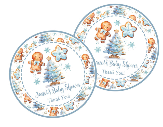 blue christmas gingerbread baby shower sticker with cookies and trees