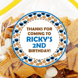 blue cookie monster style birthday sticker with cookie pattern