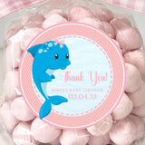 blue dolphin baby shower sticker with pink bow