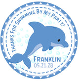blue dolphin birthday sticker with bubbles and ocean theme