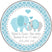 blue elephant baby shower sticker with heart design and patterned border