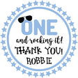 blue first birthday sticker with one rocking it design