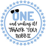 blue first birthday sticker with one rocking it design
