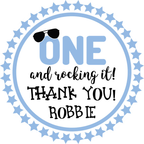 blue first birthday sticker with one rocking it design