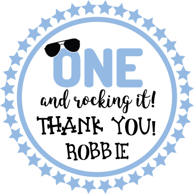 blue first birthday sticker with one rocking it design