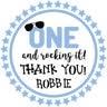 blue first birthday sticker with one rocking it design