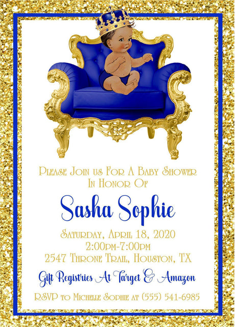 blue gold crown invitation cards regal baby prince style