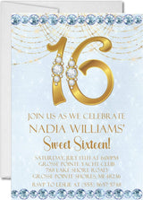 blue gold sweet sixteen invitations glamorous rhinestone theme