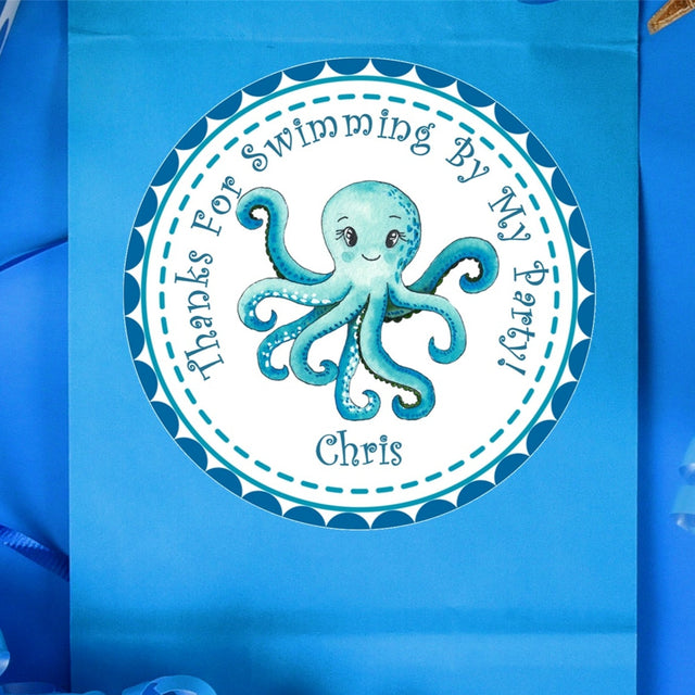 blue octopus birthday sticker with ocean design
