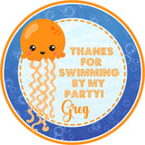 blue orange under the sea party sticker with jellyfish and bubbles