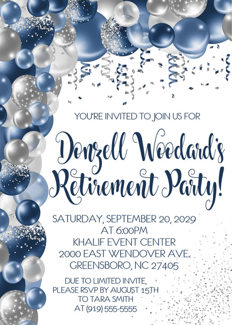 blue retirement invitations elegant celebration theme