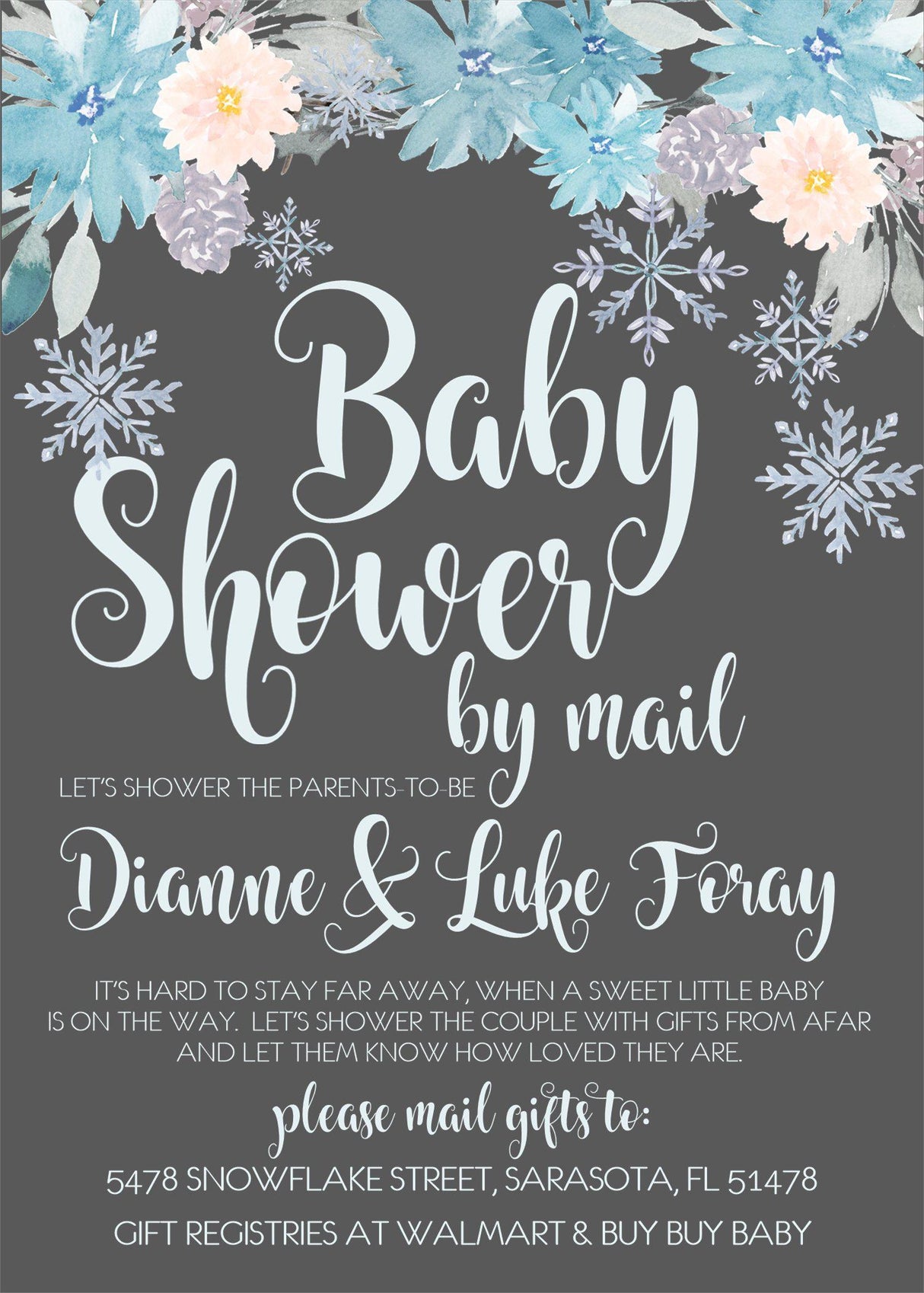 blue snowflake baby shower by mail invitations winter greenery design