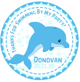 blue under the sea party sticker with dolphin design