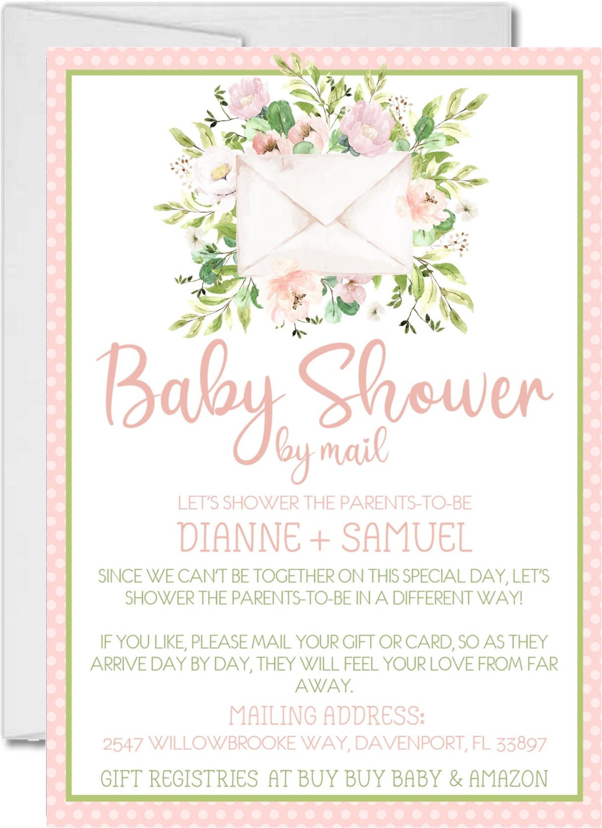 blush pink greenery baby shower invitations with matching address labels