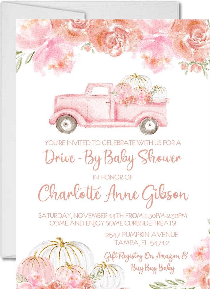 blush pink pumpkin truck invitation cards seasonal fall style