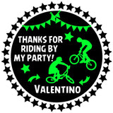 bmx birthday sticker with neon green rider silhouettes and star border