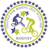bmx birthday sticker with rider silhouettes and star accents