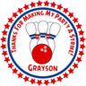 bowling birthday favor sticker with red blue ball and pins
