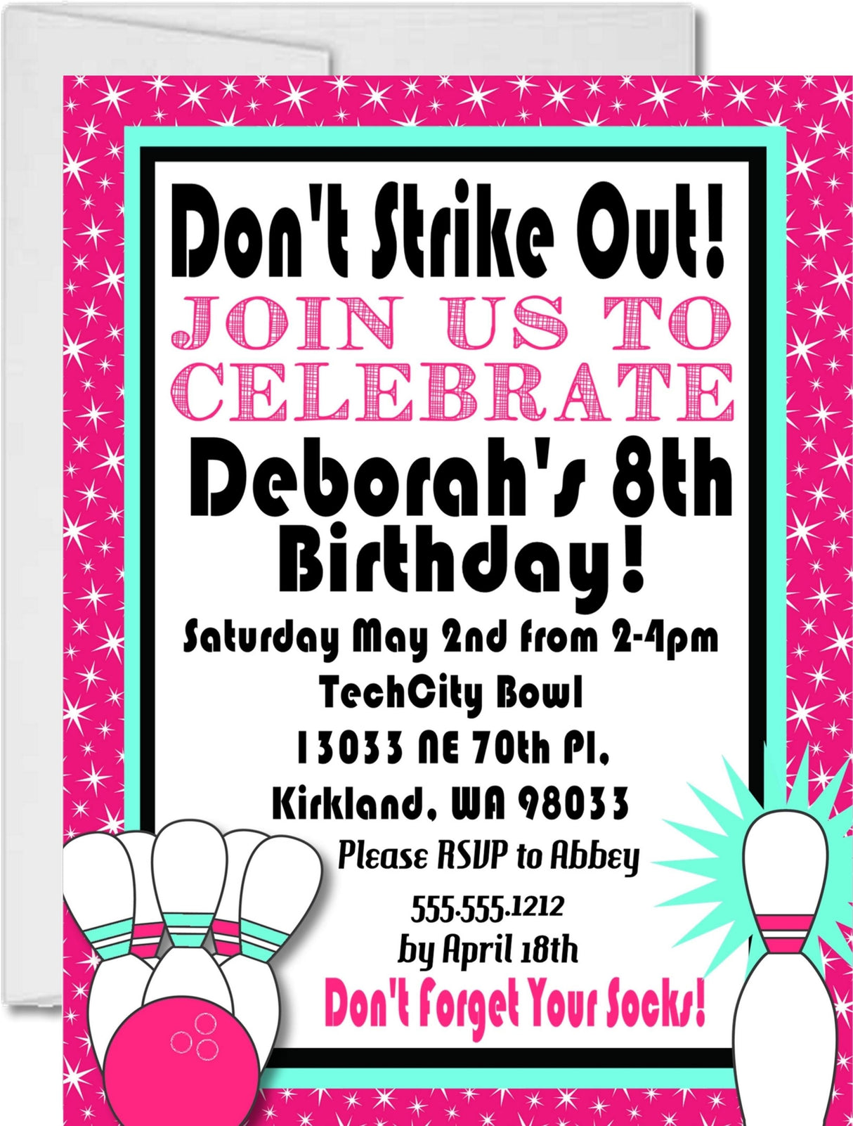 bowling birthday party invitations hot pink bowling design