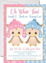 boy girl twins winter snowflake owl 1st birthday party invitation