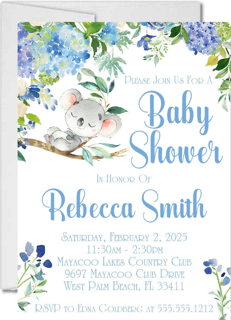 boy koala baby shower invitations blue eucalyptus flower theme