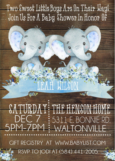 boys blue rustic twin elephant baby shower invitations