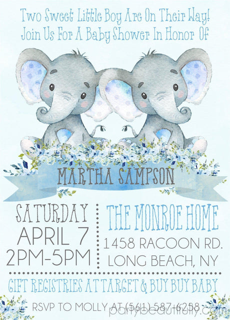 boys blue twin elephant baby shower invitations