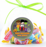 boys halloween party sticker featuring classic monster costumes