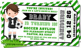 boys soccer birthday party invitations green ticket design