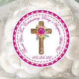 bright pink floral cross baptism sticker with rustic wood cross