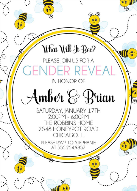 bumble bee gender reveal invitations playful bee trail theme