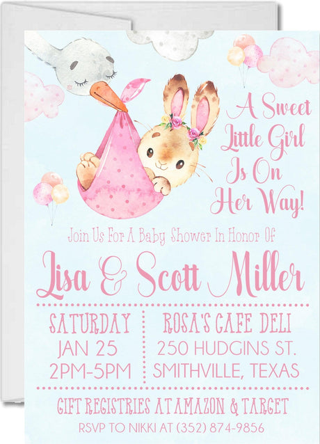 bunny baby shower invitations pastel pink woodland watercolor design