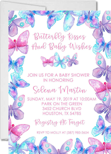 butterfly baby shower invitations pink purple watercolor design