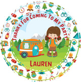 camping birthday favor sticker with forest theme and camper design