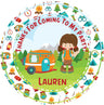 camping birthday favor sticker with forest theme and camper design